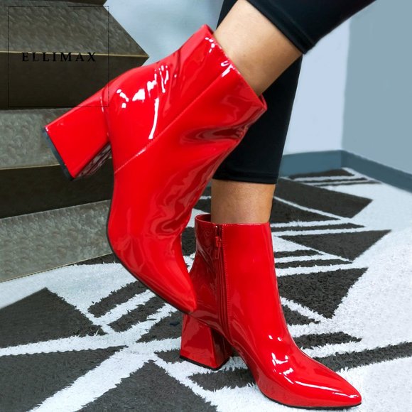 True Red Faux Patent Leather Ankle Booties Boot Block Heel Pointed Toe Zip - Picture 1 of 2